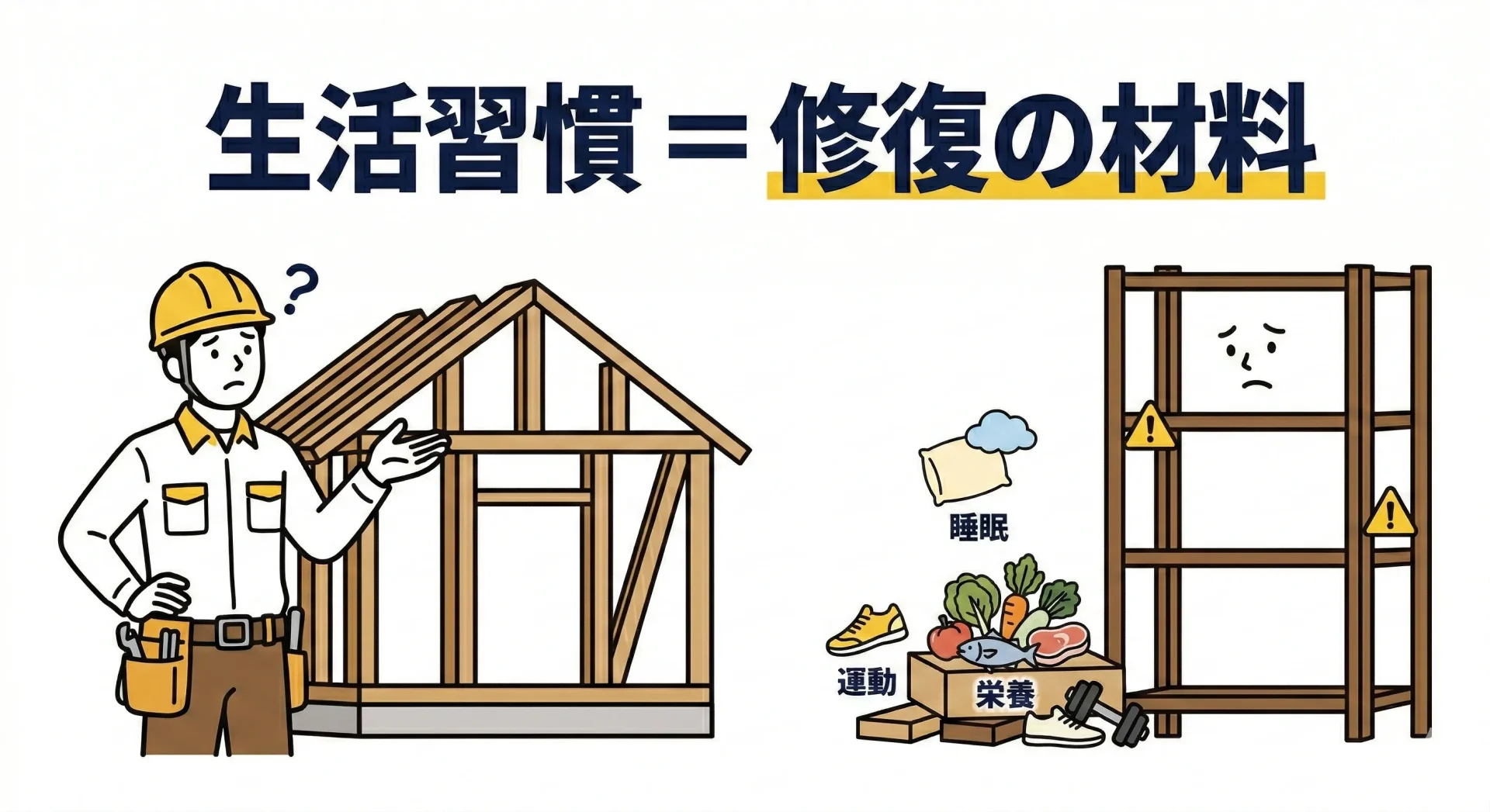 家を建てる大工と「睡眠・栄養・運動」という建材のイラストに「生活習慣は修復の材料」と書かれた画像