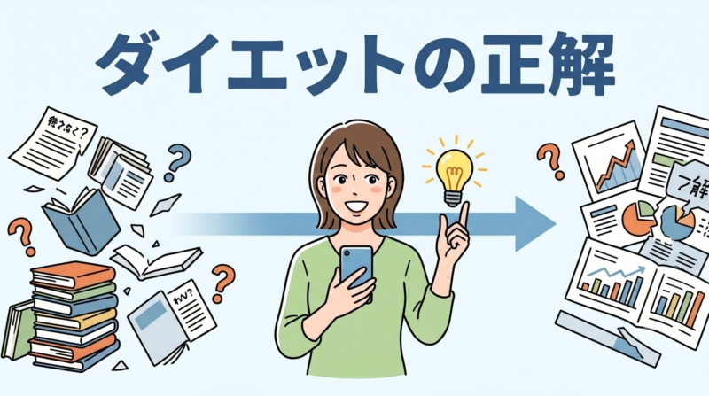 情報の波から正しい解決策（電球）を見つけて晴れやかな表情の女性。中央に「ダイエットの正解」と大きなテキストがあるイラスト。